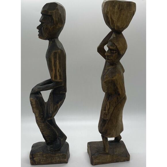 Vintage Tribal African Couple Hand Carved Wooden 12" Sculptures ~ Man & Woman - Picture 7 of 10
